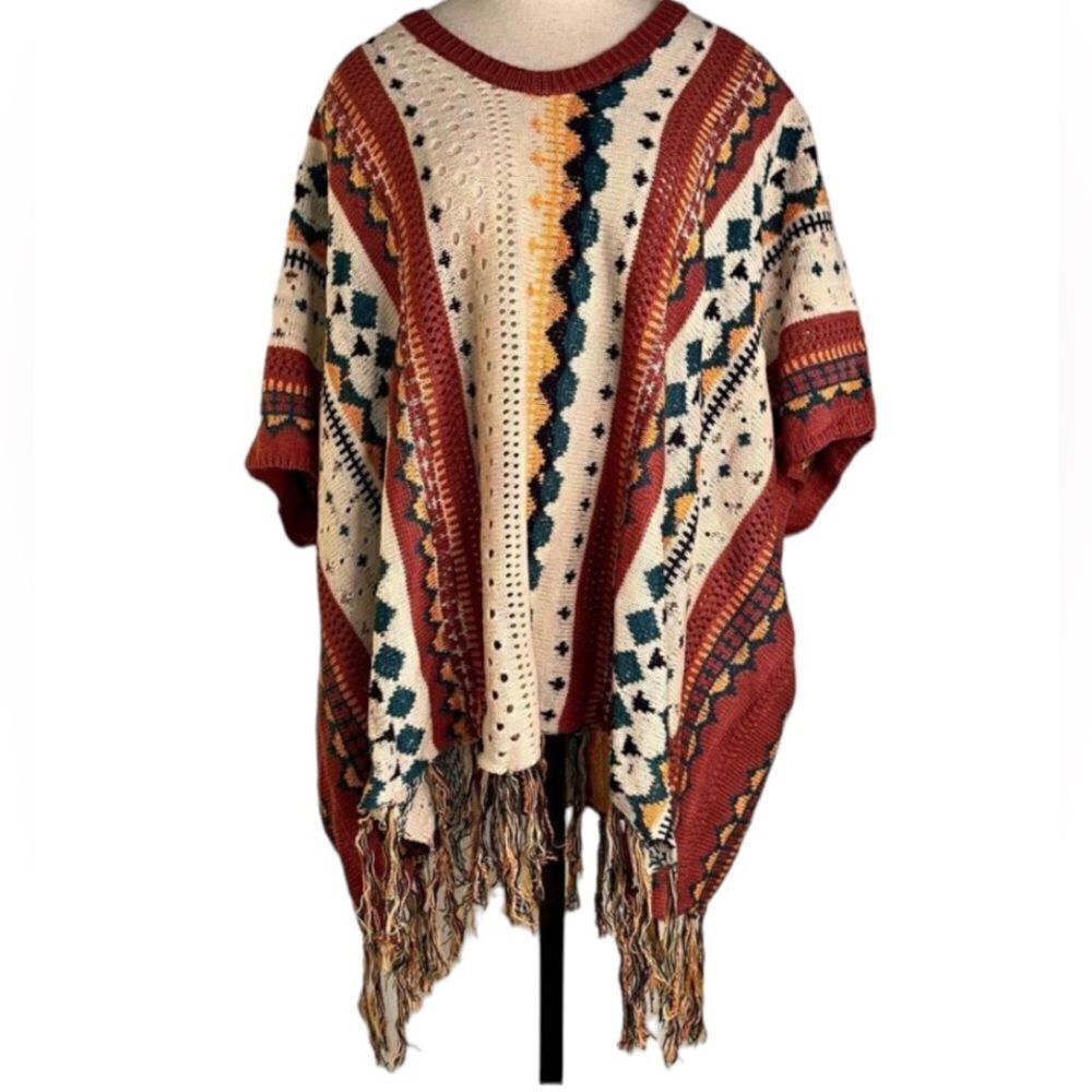 Easel Boho Knit Poncho Sweater w Fringe Trim Women’s Small Colorful Southwestern
